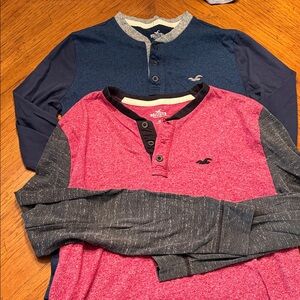 2 Hollister men’s LS Henleys - Pink with Charcoal Sleeves and a Royal and Navy